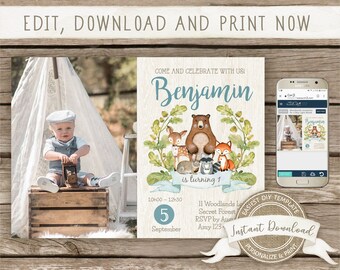 Woodland Photo Birthday Invitation for a Boy, Instant Download, Editable and Printable by you with Corjl