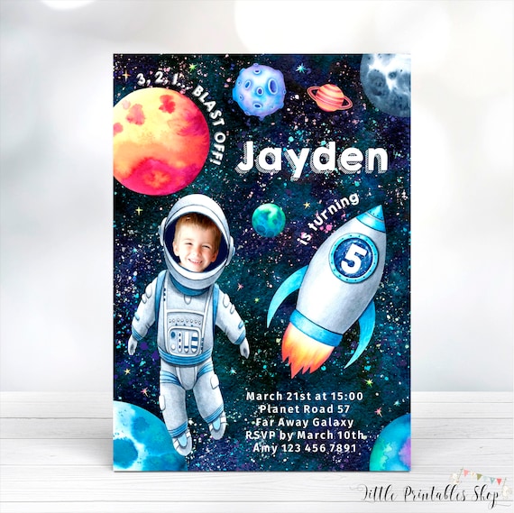 Space Birthday Photo Invitation, INSTANT DOWNLOAD, Printable Space Invite, Editable Astronaut Party Invitation, FREE Smartphone Evite Inc.