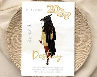African American Graduation Invitation, She did it Graduation Party Invite, Graduation Announcement Template, Personalized Class of 2024