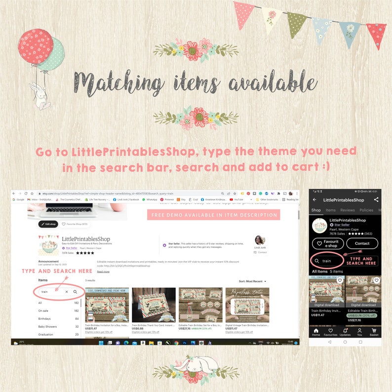 Pu&ograve; includere: Schermata di un sito web per LittlePrintablesShop, che mostra una barra di ricerca con il testo "TYPE AND SEARCH HERE". Il sito web offre una variet&agrave; di articoli stampabili, tra cui inviti, biglietti di ringraziamento e banner. Il sito web include anche una demo gratuita disponibile nella descrizione dell'articolo.