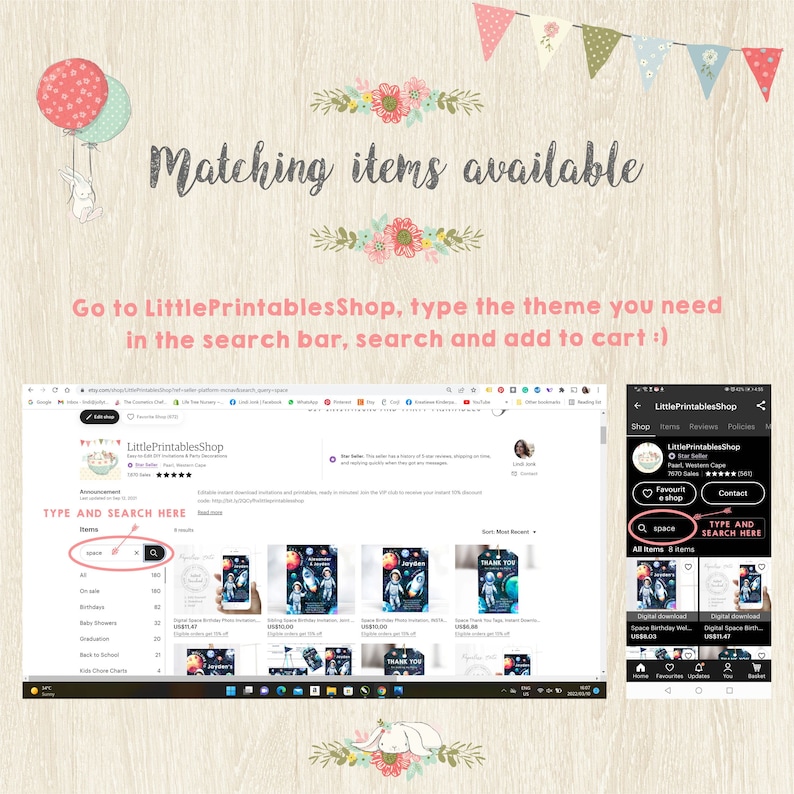 May include: Screenshot of a computer screen showing a website for printable party supplies. The website is called LittlePrintablesShop. The website has a search bar where you can type in a theme and find matching printable party supplies. The website also has a list of categories for party supplies, such as "All", "On Sale", "Birthday", "Baby Showers", "Graduation", "Back to School", "Kids' Choice Charts", and "Space".