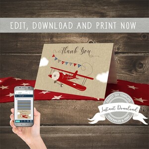 Airplane Thank You Cards for a Boy Birthday, Instant Download, Editable and Printable by you with Corjl