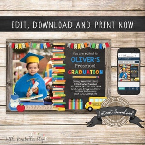 May include: A printable invitation for a preschool graduation party. The invitation features a chalkboard background with the text "Oliver's Preschool Graduation" and a yellow school bus. The invitation also includes a photo of a young boy in a graduation cap and gown.