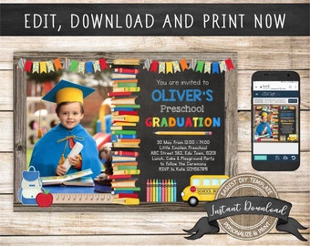 May include: A printable invitation for a preschool graduation party. The invitation features a chalkboard background with the text "Oliver's Preschool Graduation" and a yellow school bus. The invitation also includes a photo of a young boy in a graduation cap and gown.