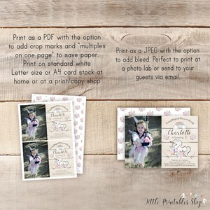 May include: A printable birthday invitation featuring a young girl and a unicorn design. The invitation includes the text "Charlotte is turning 3!" and floral accents. The image also shows instructions for printing as a PDF or JPEG.