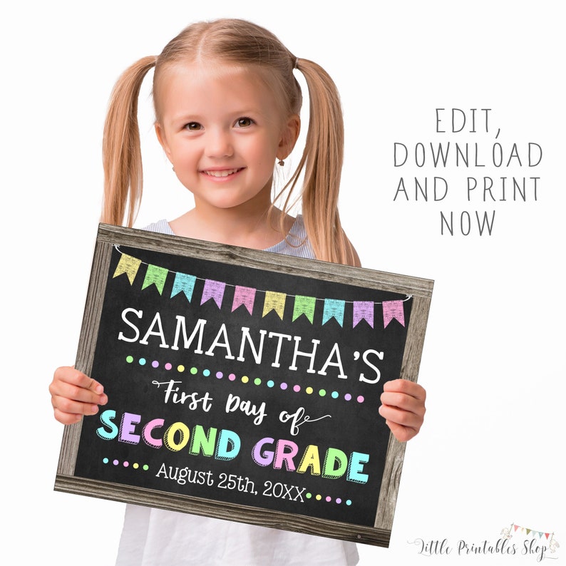 Back to School Sign, Editable First Day of Second Grade Sign for a Girl, Printable First Day of School Poster, DIY First Day Photo Prop image 1