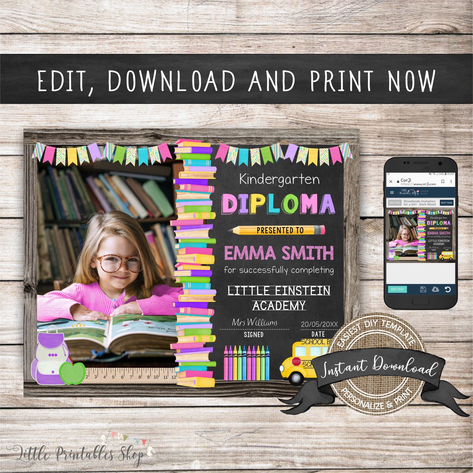 Editable Kindergarten Diploma With Photo, Any Grade, INSTANT DOWNLOAD ...