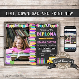 Editable Kindergarten Diploma with Photo, Any Grade, INSTANT DOWNLOAD, Printable Preschool Certificate, Graduation Diploma Template