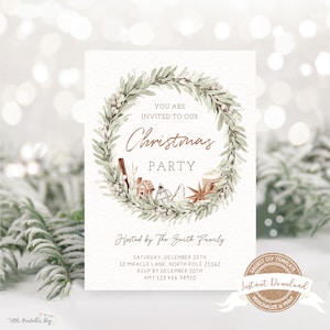 Puede incluir: Una invitación a una fiesta de Navidad con un diseño de corona de acuarela. La invitación incluye el texto "Christmas Party" y los detalles del evento. El diseño presenta una corona de hojas verdes e ilustraciones festivas.