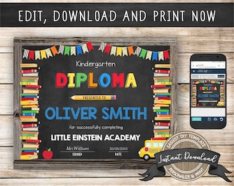 Editable Kindergarten Diploma, Any Grade, INSTANT DOWNLOAD, Printable Preschool Certificate, Graduation Diploma, Kindergarten Certificate