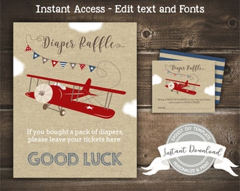 Diaper Raffle Sign and Tickets for an Airplane Baby Shower, INSTANT DOWNLOAD, Editable and Printable by you with Corjl