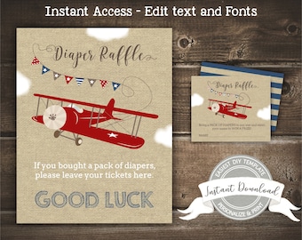 May include: Printable diaper raffle sign with a red airplane and blue, white, and red bunting. The sign says "Diaper Raffle" and "If you bought a pack of diapers, please leave your tickets here. Good Luck".