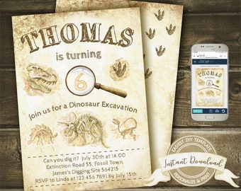 May include: A printable dinosaur-themed birthday invitation for a boy turning six. The invitation features a magnifying glass, dinosaur bones, and footprints. The text reads "Thomas is turning 6. Join us for a Dinosaur Excavation. Can you dig it? July 30th at 14:00 Extinction Road 55, Fossil Town, James's Digging Site 564215 RSVP to Linda at 123 456 7891 by July 15th."