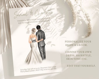 Minimalist Wedding Invitation, Illustrated Personalized Wedding Invite, Simple Wedding Invitation, Married Couple, Custom Bride and Groom