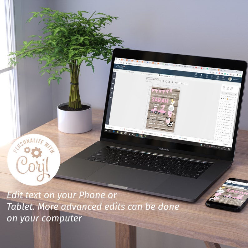 May include: A laptop and smartphone displaying a personalized invitation design. The invitation features a pink banner, the name "SARAH", and the number "2". The design includes farm animal illustrations. Text on the screen reads "Edit text on your Phone or Tablet. More advanced edits can be done on your computer."