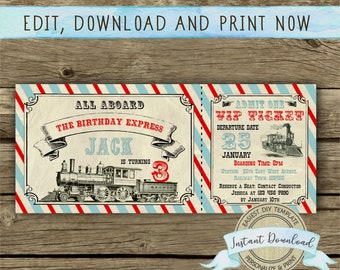 Train Birthday Invitation for a Boy, Instant Download, Printable and Editable by you with Corjl, Train Party Ticket
