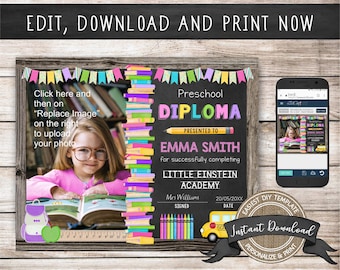 Printable Preschool Diploma with Photo 2023, INSTANT ACCESS, Editable Kindergarten Certificate Template, Preschool Graduation Diploma