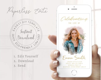 Digital Memorial Photo Invitation, Editable Phone Funeral Invite, Minimal Memorial Evite, Funeral Announcement Template, DIY Funeral Evite
