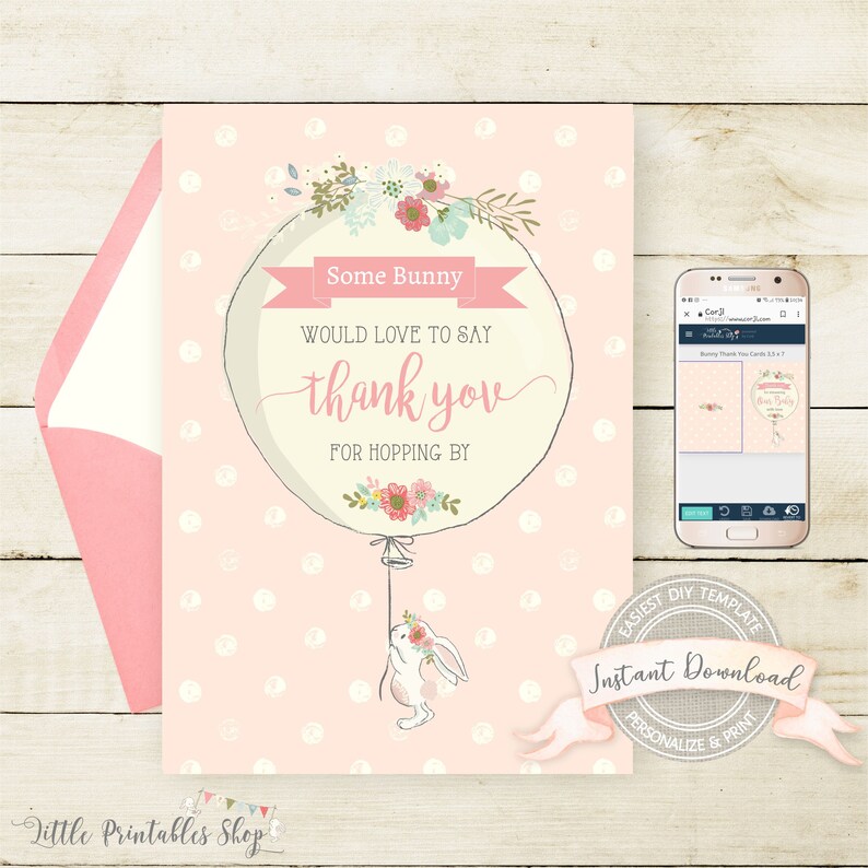 Printable Bunny Thank You Card, INSTANT DOWNLOAD, Editable by you with Corjl, Digital Template, 3.5 x 5, Bunny Birthday Thank You Cards image 1