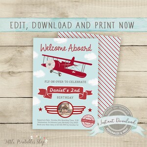 May include: A red and white airplane birthday invitation with a photo of a child wearing a pilot's hat. The invitation says "Welcome Aboard" and "Fly on over to celebrate Daniel's 2nd Birthday".