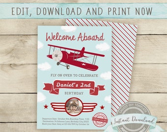 Airplane Birthday Invitation with Photo, Editable Airplane Party Invite, Printable Airplane Photo Invitation, Aviator Invitation Template