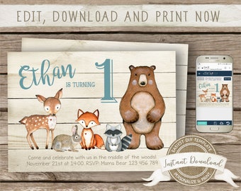 Woodland Boy Invitation, Printable Digital Invitation, Editable by you with Corjl, Instant Download, Woodland Animals Invite