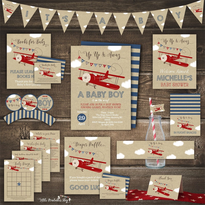 May include: A set of printable baby shower decorations featuring a red and blue airplane theme. The set includes invitations, a welcome sign, a diaper raffle sign, a book request sign, a thank you sign, and a straw flag. The text on the invitation reads "Up Up & Away, A Baby Boy is on the way!"