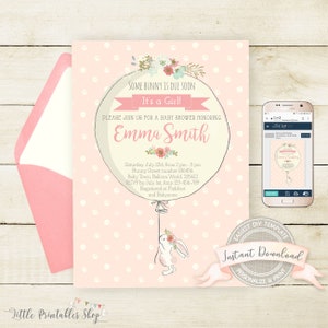 May include: A baby shower invitation with a pink polka dot design. The invitation features a balloon with the text "Some Bunny is Due Soon" and "It's a Girl!". A white bunny with a floral crown hangs from the balloon. The invitation includes event details.