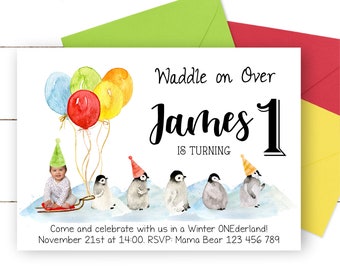 Penguin Birthday Photo Invitation, Penguin Party Invite for a Boy or Girl, Printable Penguin Birthday Invitation, Winter ONEderland