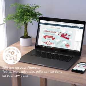 May include: A digital design template for a birthday invitation with a red airplane on a blue sky background. The text reads "Welcome Aboard Fly on over to celebrate Daniels 2nd Birthday".