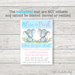 K&ouml;nnte beinhalten: Eine Babyparty-Einladung mit dem Text "Blue or Pink" &uuml;ber zwei Aquarell-Elefanten. Die Einladung enth&auml;lt Veranstaltungsdetails: Datum, Uhrzeit, Ort und RSVP-Informationen. Der Text "What do you think?" ist ebenfalls enthalten.
