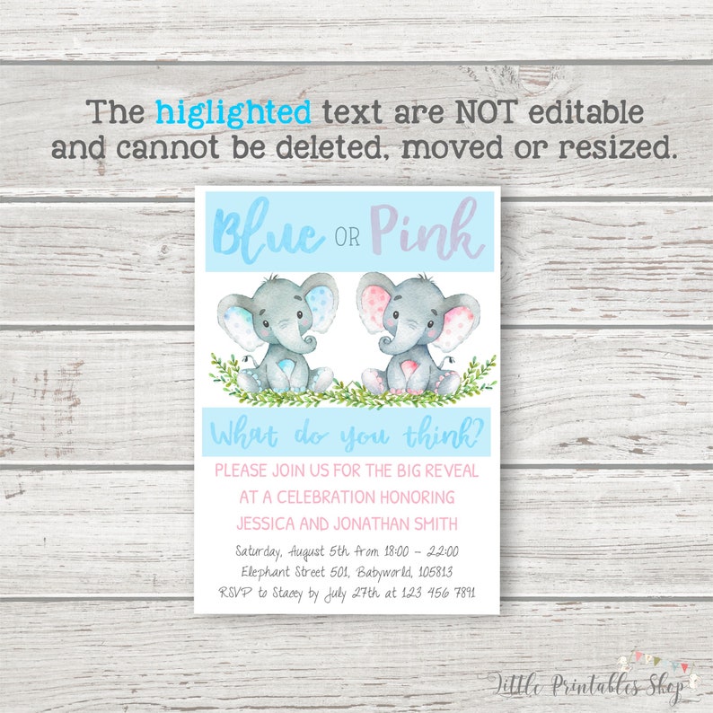 K&ouml;nnte beinhalten: Eine Babyparty-Einladung mit dem Text "Blue or Pink" &uuml;ber zwei Aquarell-Elefanten. Die Einladung enth&auml;lt Veranstaltungsdetails: Datum, Uhrzeit, Ort und RSVP-Informationen. Der Text "What do you think?" ist ebenfalls enthalten.