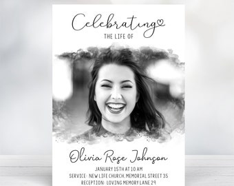Memorial Invitation, Editable Funeral Invitation, Minimal Memorial Invite, Funeral Announcement Template, Modern Funeral Photo Invitation