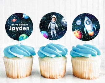 Space Cupcake Toppers, Instant Download, Digital Printable, DIY Space Birthday Cupcake Toppers with Photo, Editable Space Party Printables