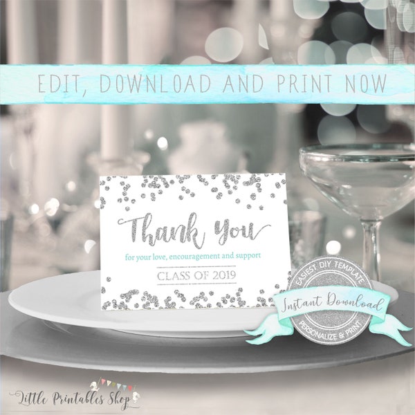 Editable Graduation Thank You Card with Silver Confetti, INSTANT DOWNLOAD, Edit yourself with Corjl, Digital 3.5 x 5 cards