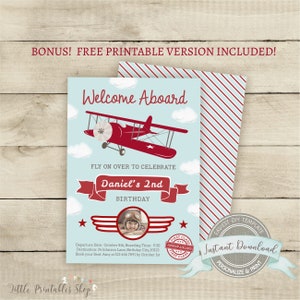 May include: A blue and red printable invitation for a 2nd birthday party with a red airplane and clouds. The invitation says "Welcome Aboard" and "Fly on over to celebrate Daniel's 2nd Birthday".
