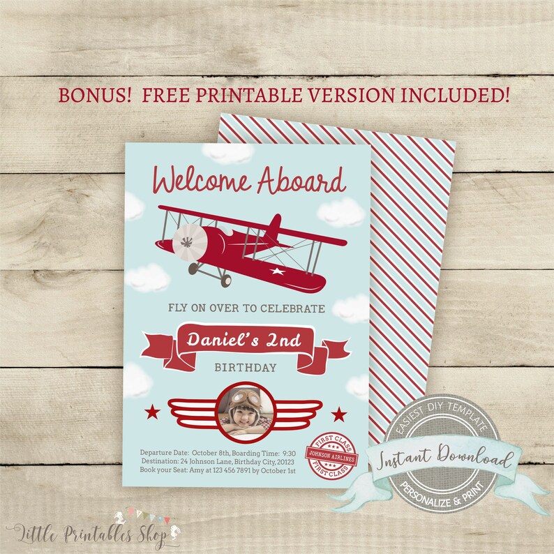 May include: A blue and red printable invitation for a 2nd birthday party with a red airplane and clouds. The invitation says "Welcome Aboard" and "Fly on over to celebrate Daniel's 2nd Birthday".