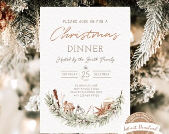 Christmas Invitation, Editable Christmas Dinner Invite, Modern Christmas Dinner Invitation, Christmas Party Invite, Boho Christmas Invite