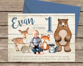 Woodland Birthday Invitation for a Boy, Forest Animals Invite, Forest Friends, Custom Printable DIGITAL Invitation, Photo Woodland Invite