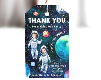 Sibling Space Thank You Tags with Photo, Printable Outer Space Party Tags, Editable Galaxy Party Favors, Space Thank You cards