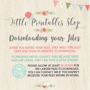 Pode incluir: Gr&aacute;fico de download digital com o texto "Little Printables Shop" e "Downloading your files". A imagem inclui instru&ccedil;&otilde;es sobre os tempos de download e um logotipo "Personalize with Corjl", tudo sobre um fundo de gr&atilde;o de madeira clara.