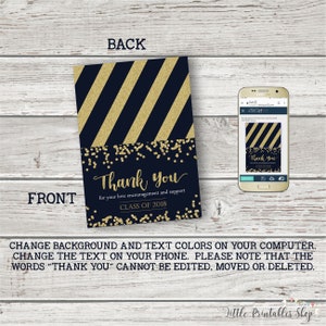 May include: A navy blue and gold graduation thank you card. The front of the card features the words "Thank You" in gold script, with "for your love encouragement and support" below. Gold diagonal stripes and confetti decorate the card. The back has gold stripes.