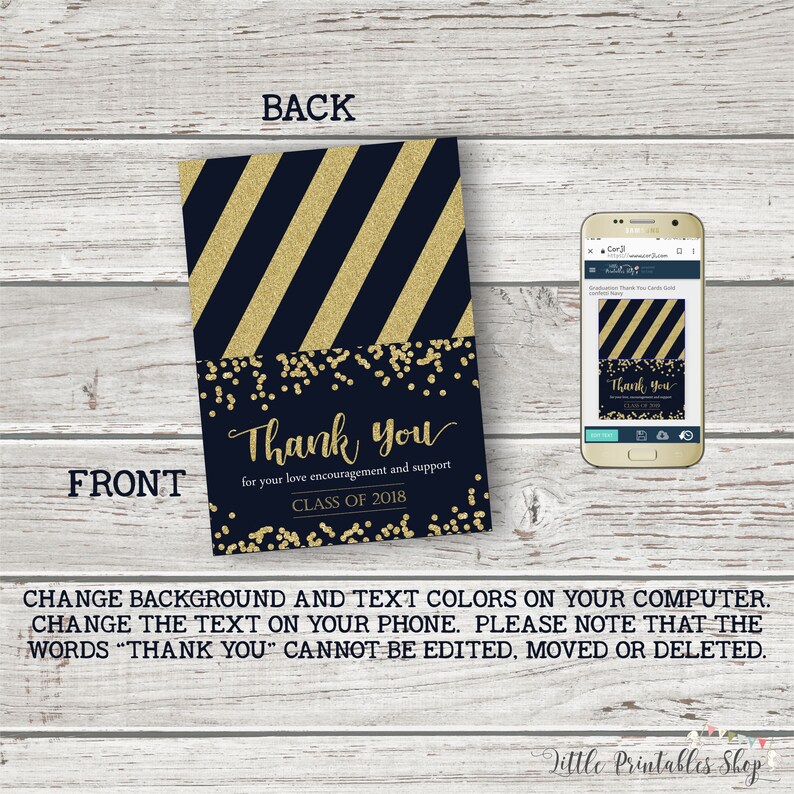 May include: A navy blue and gold graduation thank you card. The front of the card features the words "Thank You" in gold script, with "for your love encouragement and support" below. Gold diagonal stripes and confetti decorate the card. The back has gold stripes.