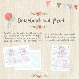May include: A downloadable and printable invitation design featuring a unicorn, clouds, and stars. The invitation includes the text "Allison is turning 3". The design is available as a PDF or JPEG.