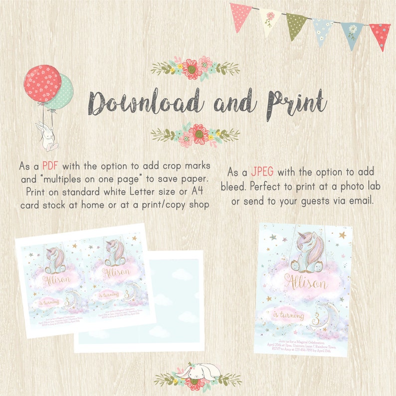 May include: A downloadable and printable invitation design featuring a unicorn, clouds, and stars. The invitation includes the text "Allison is turning 3". The design is available as a PDF or JPEG.