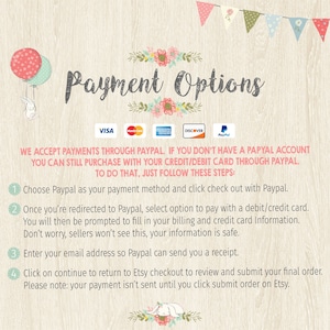 May include: A graphic with a pink and white floral design and a banner that reads "Payment Options". The graphic lists the payment methods accepted: Visa, Mastercard, American Express, Discover, and PayPal. The graphic also includes instructions on how to pay with a credit or debit card through PayPal.