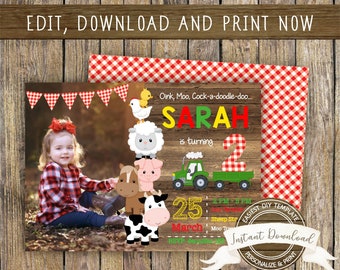 Farm Birthday Photo Invitation for a Boy or Girl, INSTANT DOWNLOAD, Editable and Printable by you with Corjl, Any Age, Farm Birthday Invite