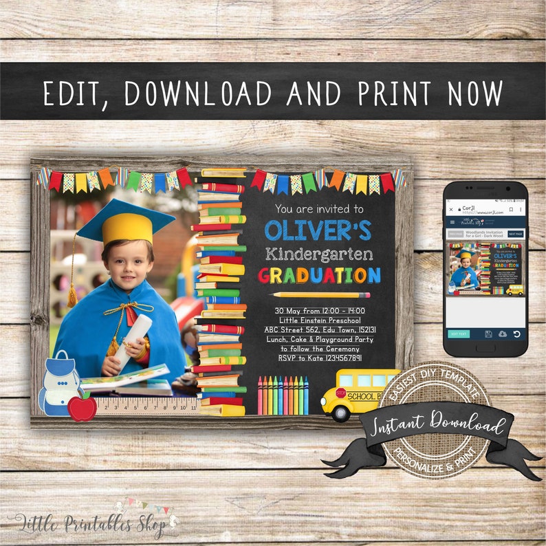 May include: A printable invitation for a kindergarten graduation party. The invitation features a photo of a young boy in a graduation cap and gown, a stack of colorful books, a school bus, and crayons. The text on the invitation reads "You are invited to Oliver's Kindergarten Graduation".