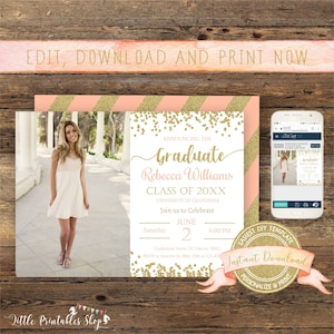 May include: A pink and gold graduation invitation with a photo of a woman in a white dress. The invitation says "Announcing the Graduate" and includes the graduate's name, class year, and university. The invitation also includes the date and time of the graduation ceremony. The invitation is decorated with gold glitter and confetti.