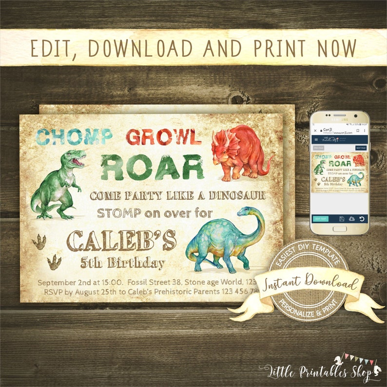 Dinosaur Birthday Invitation, Instant Download, Editable and Printable by you with Corjl, Dinosaur Party Invite image 1